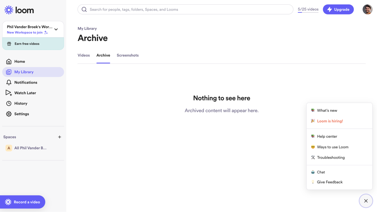 Loom support screenshot Loom support screenshot