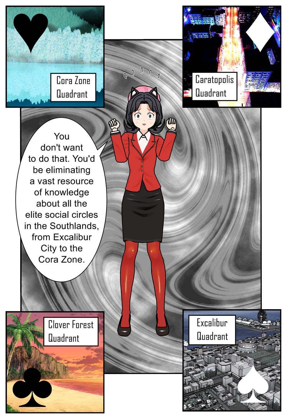 You don't want to do that. You'd be eliminating a vast resource of knowledge about all the elite social circles in the Southlands, from Excalibur City to the Cora Zone. Cora Zone Quadrant. Caratopolis Quadrant. Clover Forest Quadrant. Excalibur Quadrant.