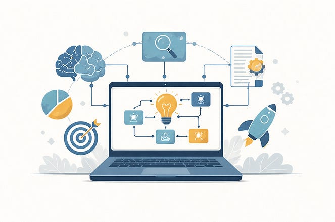 AI PM workflow including research, analysis, documents, planning, and launch