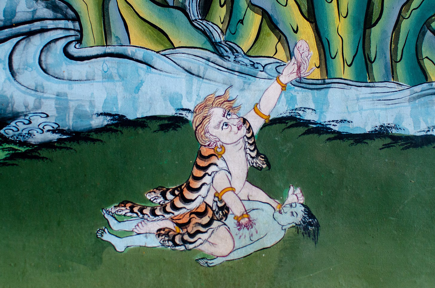 ID: Buddhist illustration of creature removing a person's heart ID: Buddhist illustration of creature removing a person's heart