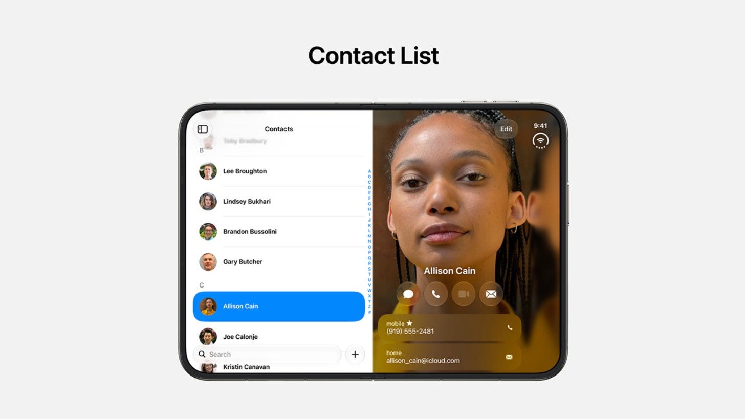 Contacts on the open Duo, list on the left and a contact on the right