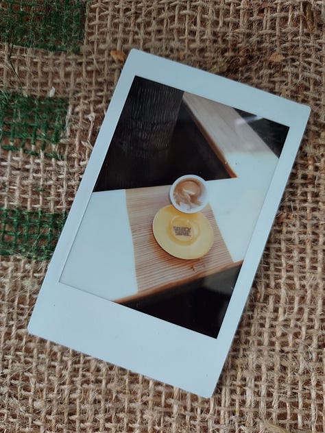 A collection of photos of coffee mugs or selfies of the bearded photographer drinking coffee.