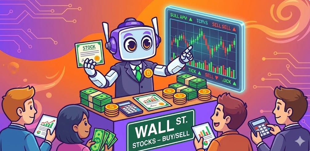A cartoon AI robot character wearing a business suit selling stocks and managing trades behind a desk on Wall Street. The scene features digital stock charts, stacks of money, and a vibrant orange and purple technology-themed background. A cartoon AI robot character wearing a business suit selling stocks and managing trades behind a desk on Wall Street. The scene features digital stock charts, stacks of money, and a vibrant orange and purple technology-themed background.