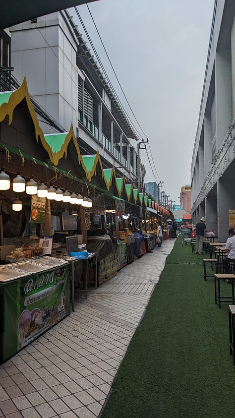 scenes from mall food courts + vendors cooking at food stalls in Bangkok, Thailand including a Dunkin' Donuts