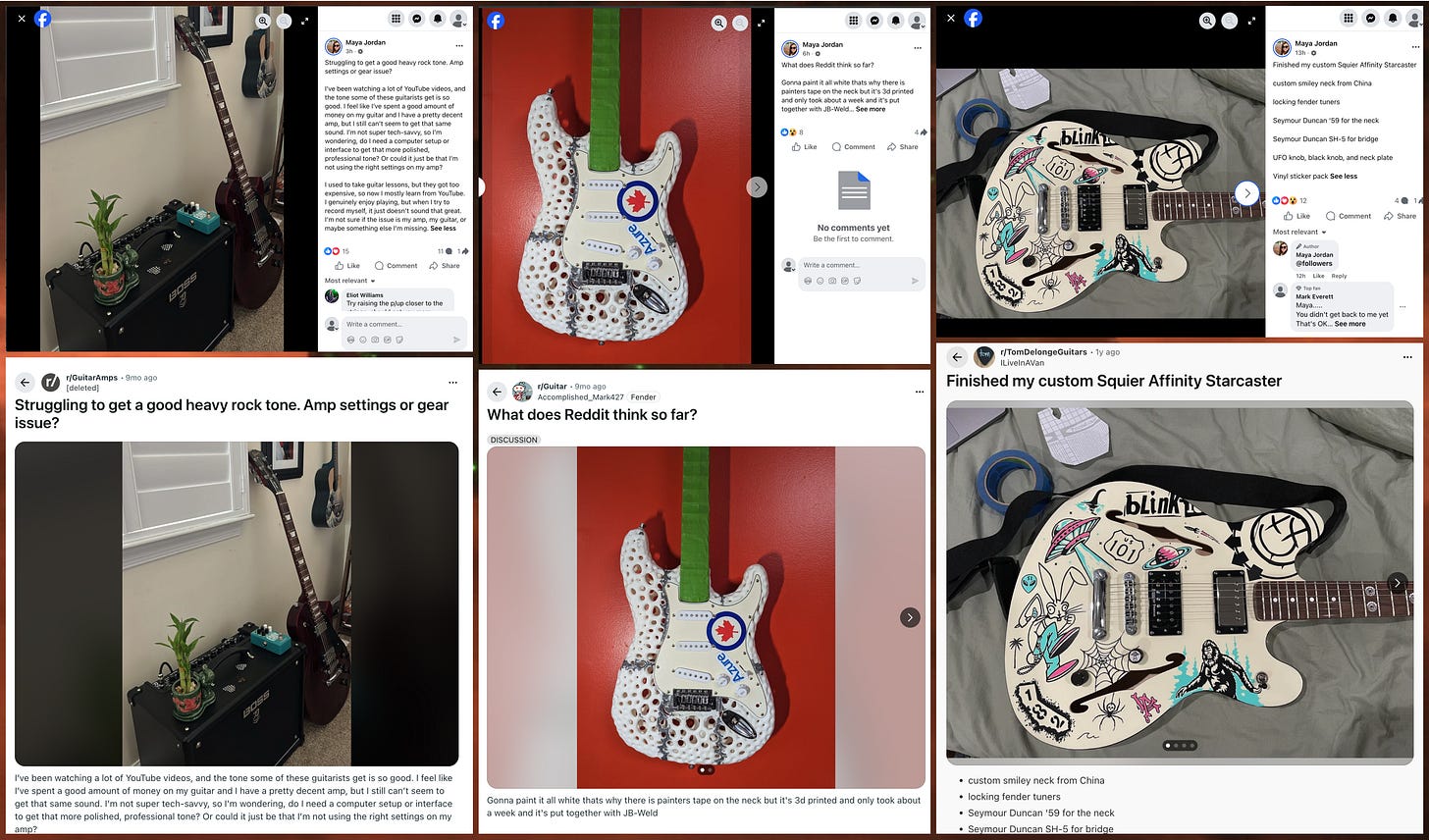 screenshots of three Facebook posts from "Maya Jordan" featuring guitars, and screenshots of the original Reddit posts the Facebook posts are copied from