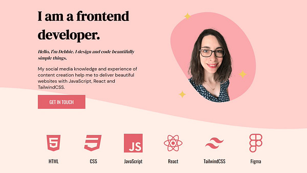 Illustration showing my website homepage, including my tech stack: HTML, CSS, JavaScript, React, Tailwind CSS and Figma.