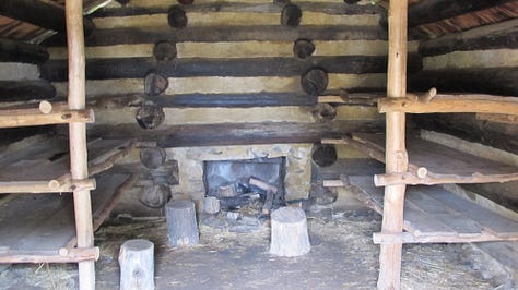 Pictures from Valley Forge Historic National Park in Valley Forge, Pa., including George Washington's headquarters, soldiers log huts, the Memorial Arch, the parade field, and a cannon next to an old tree.
