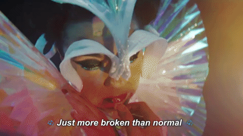 Bjork com uma máscara estranha, uma gola estranha, e a legenda "Just more broken than normal". Estamos todos assim.