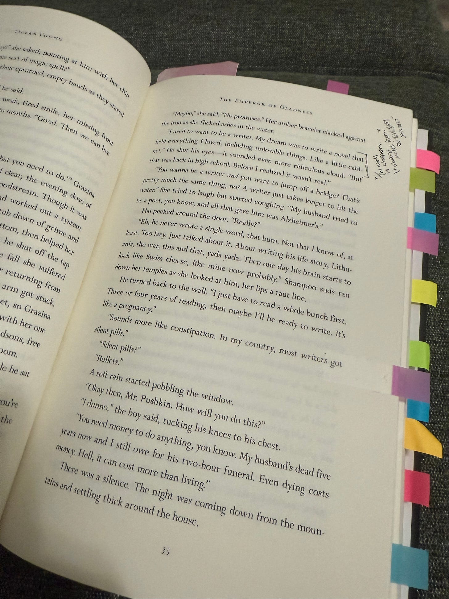 Page 35 of The Emperor of Gladness with annotations and color flags around book edges.