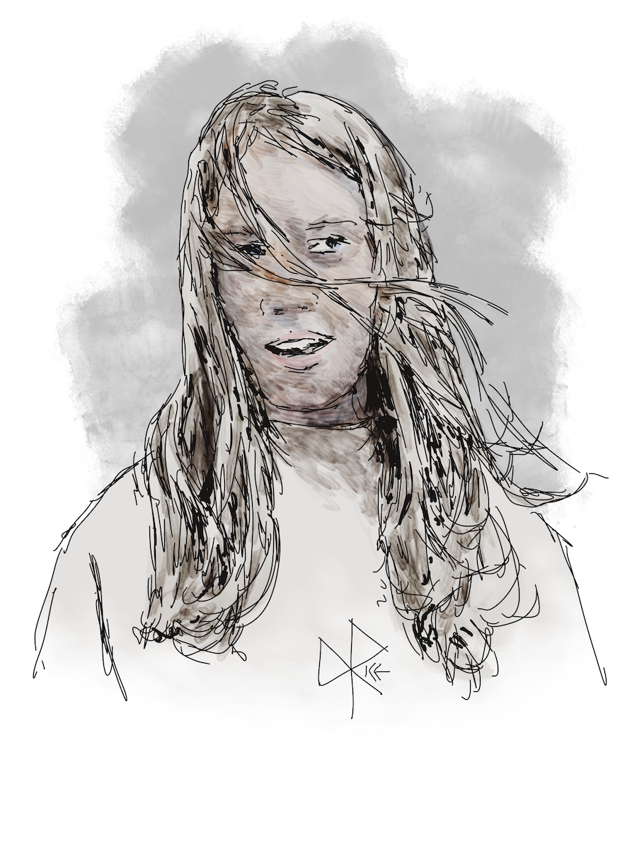 Head and shoulders portrait of a teen girl. Strands of her long hair cross her face as the wind blows strongly. Sketch art by Don Rice. Head and shoulders portrait of a teen girl. Strands of her long hair cross her face as the wind blows strongly. Sketch art by Don Rice.