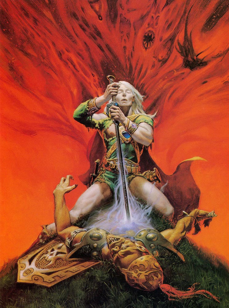 On a grassy hilltop, Elric straddles the body of an orcish foe. His green tunic is battle torn, exposing his albino skin. With both hands, Elric slides Stormbringer down to devour the soul of his enemy. Purple arcane energy ripples along the black rune blade. The positioning of the blade and the spill of energy is positioned between his straddled legs but there is notably no torso thereāit's as if the body has been half consumed already. Elric presses his eyes shut in an expression that can only be described as ecstasy. Behind him rendered abstractly in the acidic orange background, demonic faces bleed through from chaos to this reality, funneling energy drawn by Stormbringer. While the sword feeds on his enemy, the Lords of Chaos feed off Elric. On a grassy hilltop, Elric straddles the body of an orcish foe. His green tunic is battle torn, exposing his albino skin. With both hands, Elric slides Stormbringer down to devour the soul of his enemy. Purple arcane energy ripples along the black rune blade. The positioning of the blade and the spill of energy is positioned between his straddled legs but there is notably no torso thereāit's as if the body has been half consumed already. Elric presses his eyes shut in an expression that can only be described as ecstasy. Behind him rendered abstractly in the acidic orange background, demonic faces bleed through from chaos to this reality, funneling energy drawn by Stormbringer. While the sword feeds on his enemy, the Lords of Chaos feed off Elric.
