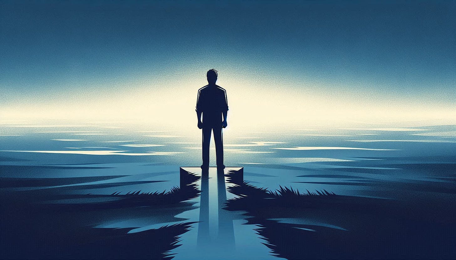 Minimalist digital illustration of a lone figure standing at the edge of a reflective surface, gazing into a vast, serene horizon. The scene is bathed in cool blue tones, evoking themes of solitude, contemplation, and self-discovery.
