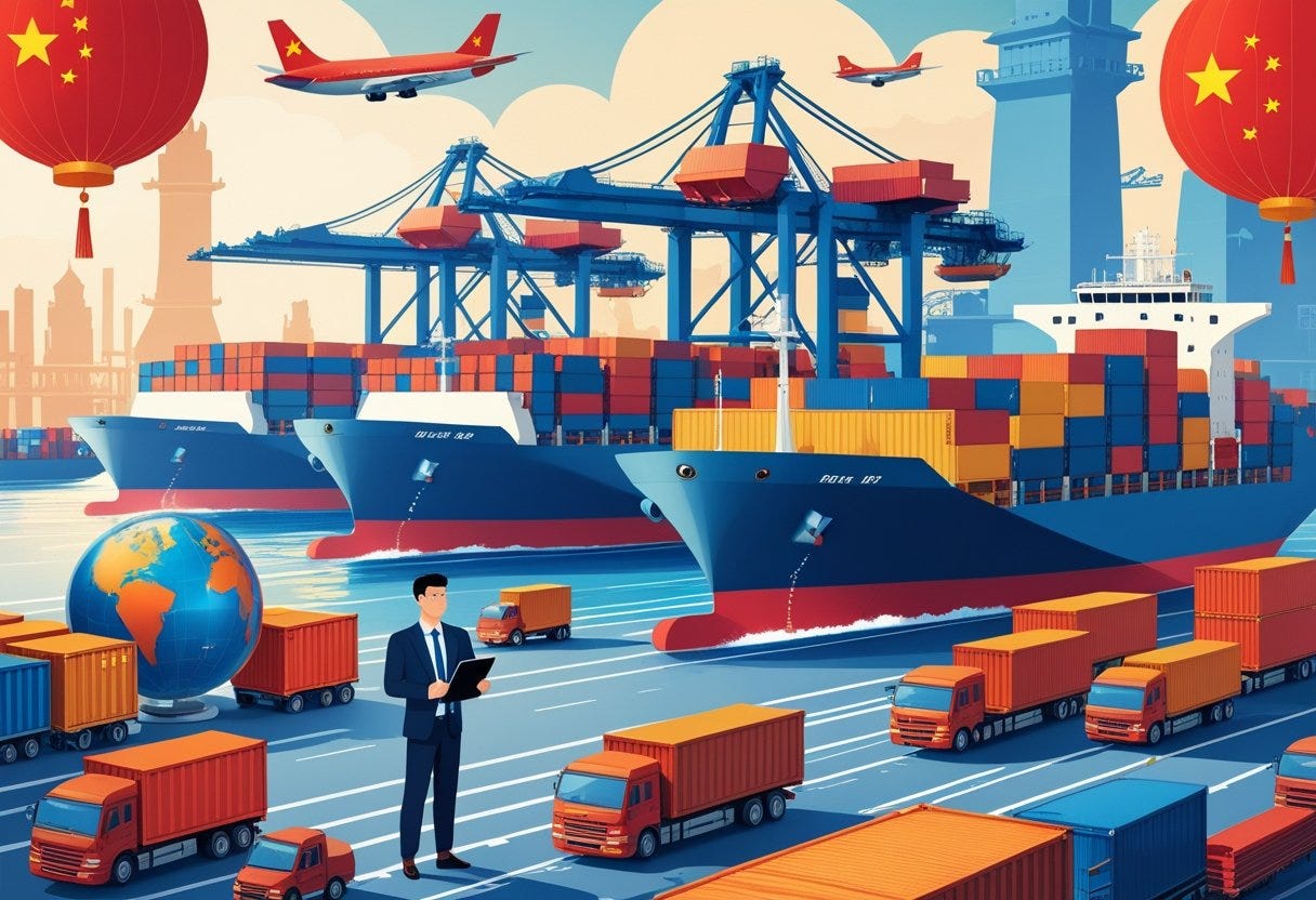 A businessperson coordinating cargo operations at a busy Chinese port with ships, containers, cranes, trucks, and airplanes representing international freight forwarding. A businessperson coordinating cargo operations at a busy Chinese port with ships, containers, cranes, trucks, and airplanes representing international freight forwarding.
