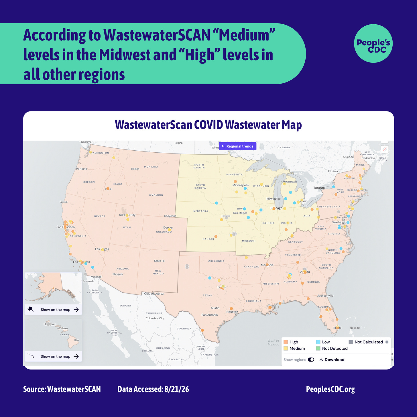 Text at the top reads, “According to Wastewater SCAN “Medium” levels in the Midwest and “High” levels in all other regions.” Graphic depicts a map of the United States separated into four regions: West, Midwest, South, and Northeast. A key in the lower right corner indicates wastewater concentration levels: orange for high, yellow for medium, blue for low, green for not detected, and gray for not calculated. The West, Southern, and Northeast regions are all shaded orange. The Midwest region is shaded yellow. There are individual wastewater treatment plants, indicated by dots, scattered across the map. The dots follow the same color key as regions. In the West, Southern, and Northeast regions, many dots are orange or yellow. In the Midwest dots are spread farther apart with a mix of blue, yellow, and orange dots. Text at the bottom reads “ Source: Wastewater SCAN Data Accessed: August 21, 2026 PeoplesCDC.org”