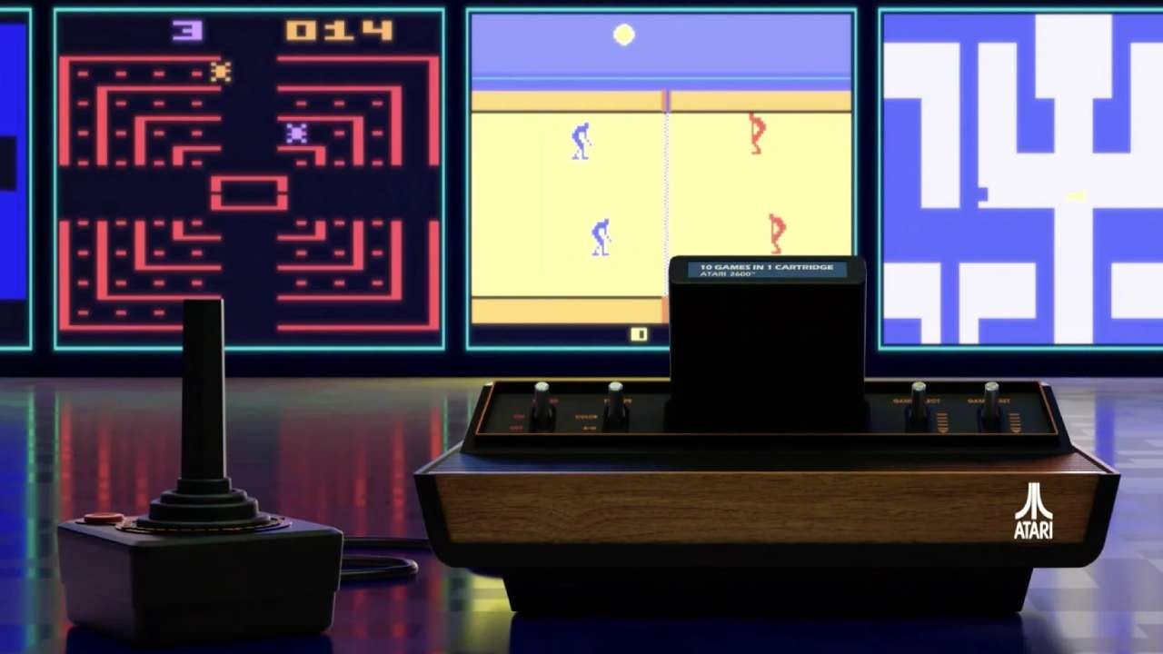 Atari 2600+ against a backdrop of games Atari 2600+ against a backdrop of games