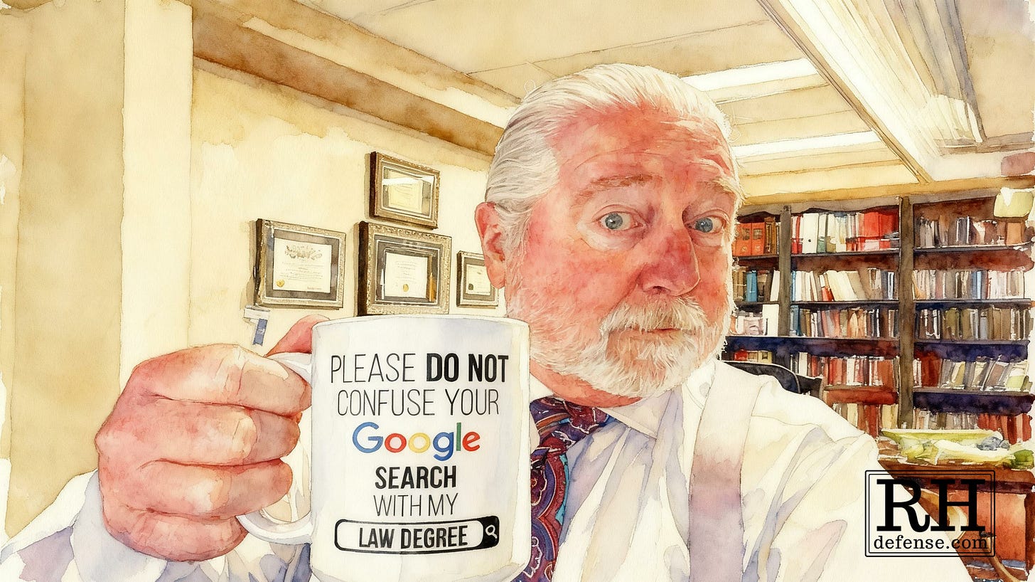 The author, a Fresno Criminal Defense Lawyer in his office holding a mug that says, “Please do not confuse your Google search with my law degree.
