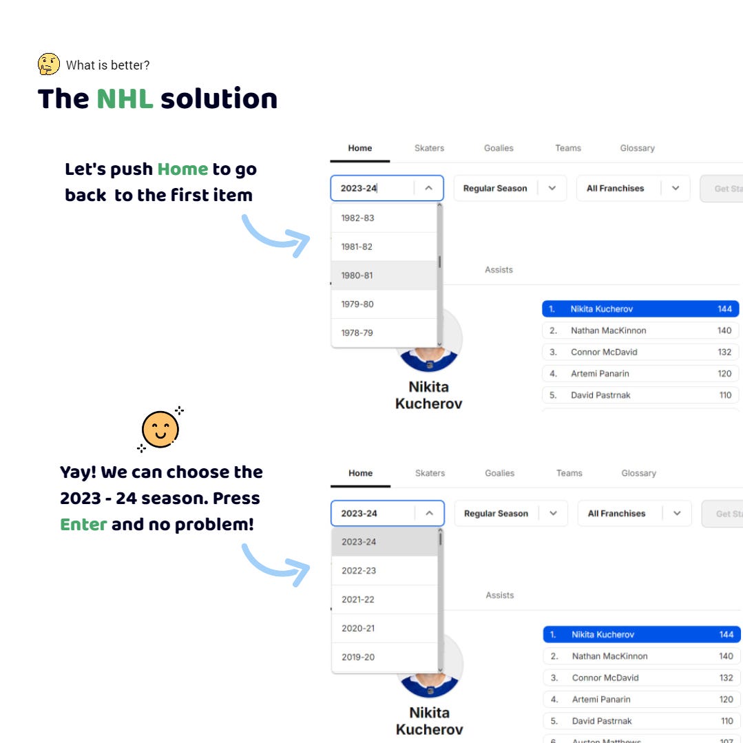 The NHL app. I am in the list of seasons at the  1980-81 item. I need to go back to the first item. I press the Home key. I have crossed over! It remains to press Enter and the season will be selected