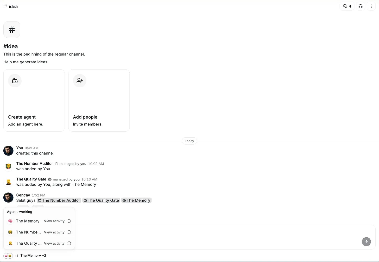 The idea channel in Buzz with the Number Auditor, Quality Gate and Memory agents added as team members The idea channel in Buzz with the Number Auditor, Quality Gate and Memory agents added as team members