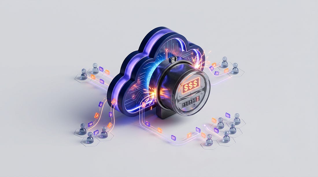 Cloud pricing meter with dollar signs, data flows, and connected users around it. Cloud pricing meter with dollar signs, data flows, and connected users around it.