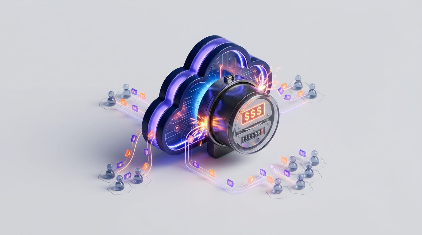 Cloud pricing meter with dollar signs, data flows, and connected users around it. Cloud pricing meter with dollar signs, data flows, and connected users around it.
