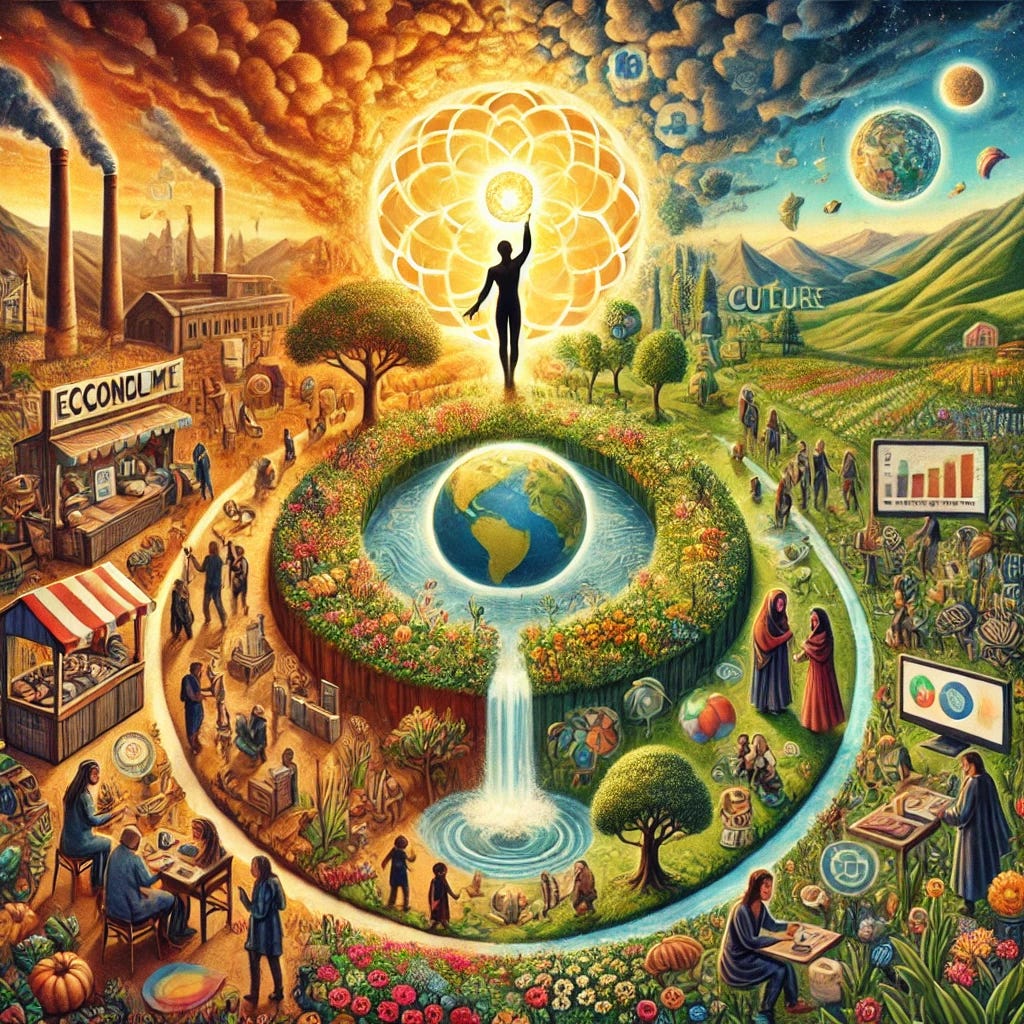 A symbolic illustration personifying the transformation of economic, cultural, and social systems toward sustainability. The scene features a vibrant and harmonious landscape divided into three layers: the economy, represented by circular systems like a marketplace using barter and renewable energy; culture, depicted as diverse communities sharing knowledge and art; and social values, symbolized by people planting trees, teaching children, and embracing one another. In the center, a radiant figure stands holding a glowing orb, representing advertising repurposed as a tool for education and empowerment. The setting is lush and hopeful, with clean energy sources, thriving nature, and connected communities under a golden sky.
