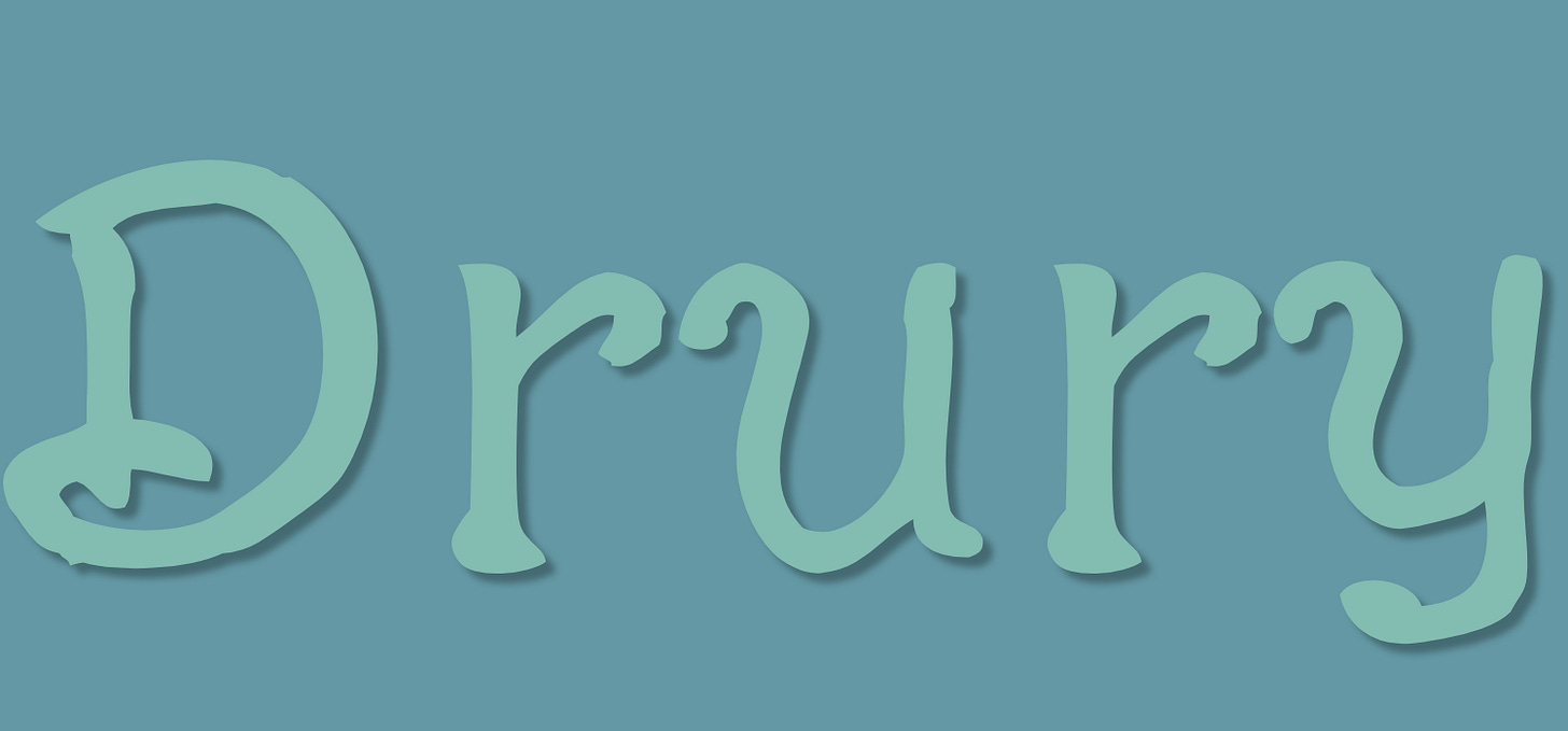 Drury, written in light blue font on a dark blue background