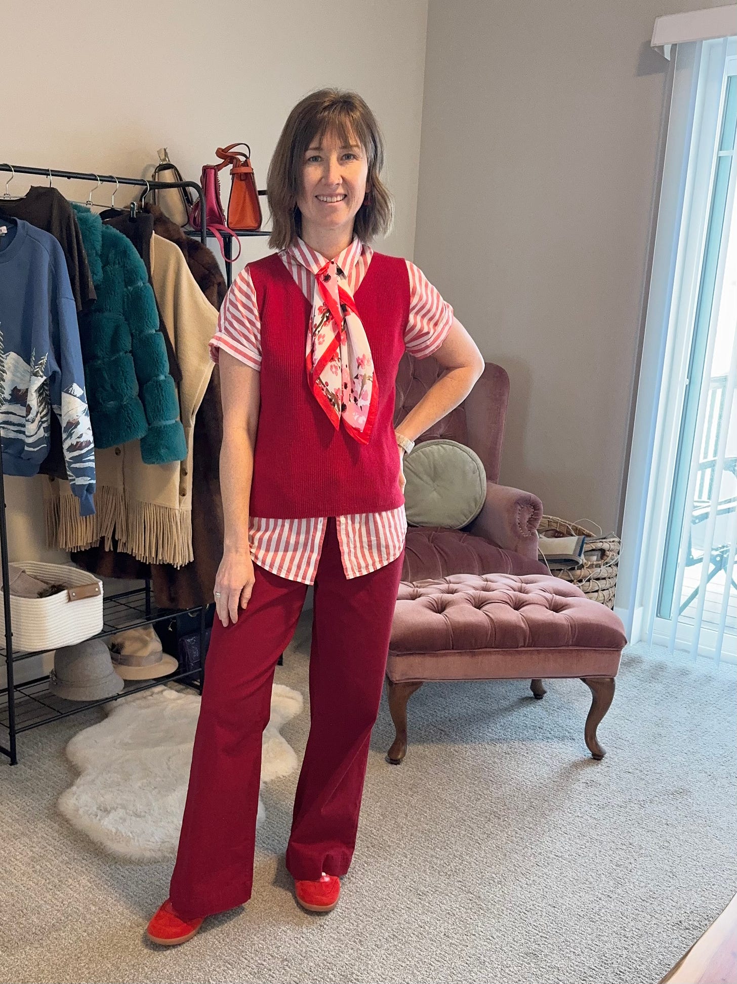 red outfit, get dressed