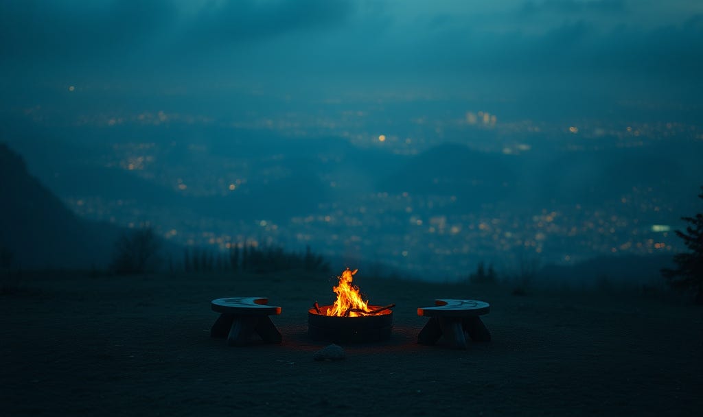 A sharp, glowing campfire in the center of the frame, surrounded by two empty wooden benches at dusk. The warm orange flames contrast with a vast, out-of-focus city glowing in the blue-misted distance. This visual represents the transition from the overwhelming noise of 8 billion people to the biological intimacy of a tribe of 150.