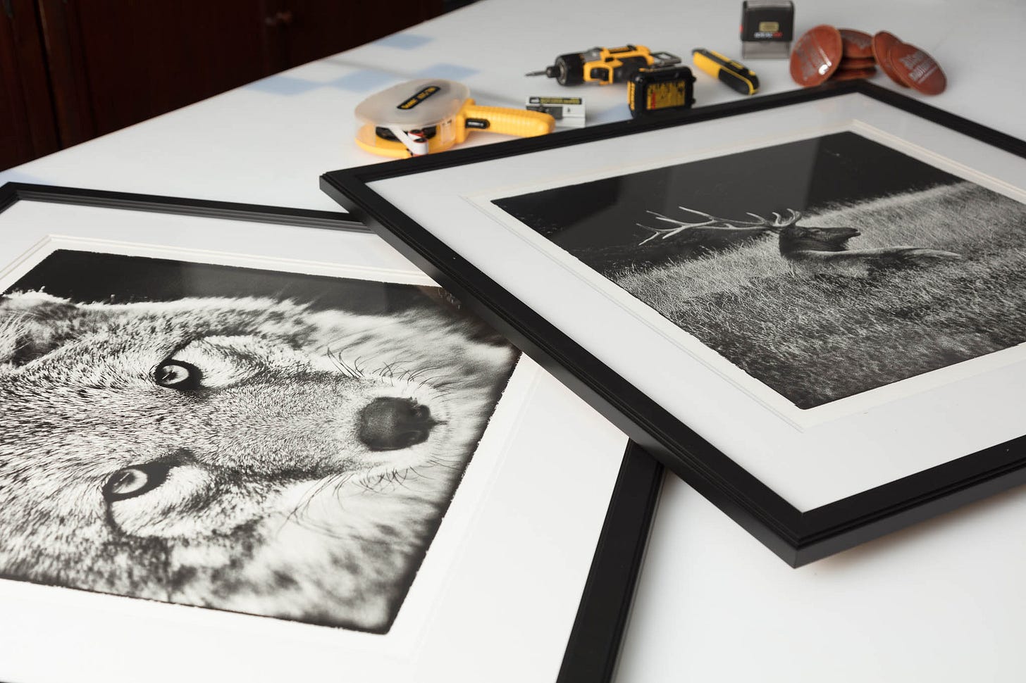 Finished mounted, matted, framed, and glazed photos