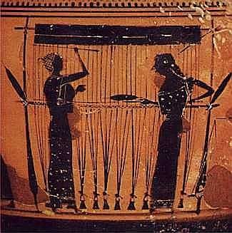 Two women at a loom, passing their shuttle back and forth Attic black ...