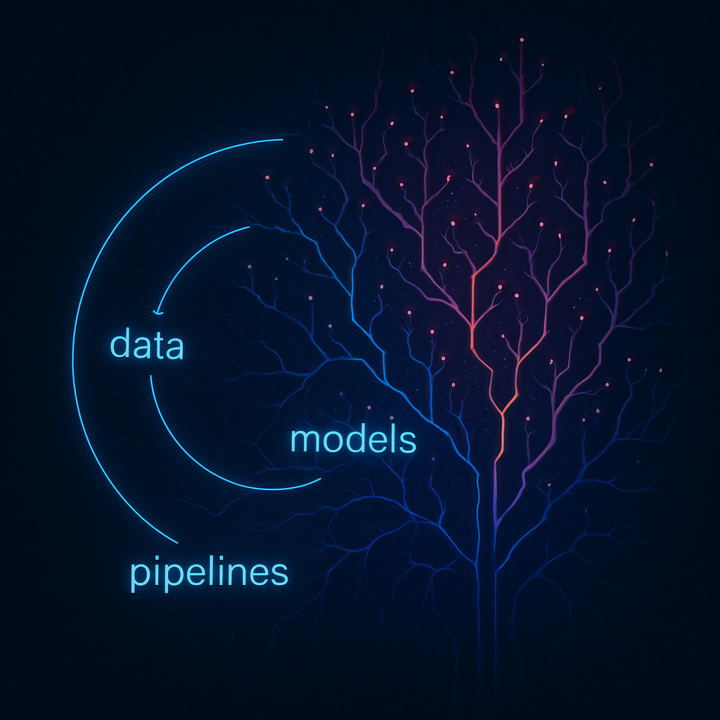 Abstract digital artwork showing a glowing circular loop blending into an intricate branching network of neon lines and nodes, symbolizing the evolution from classic machine learning pipelines to complex generative AI systems.