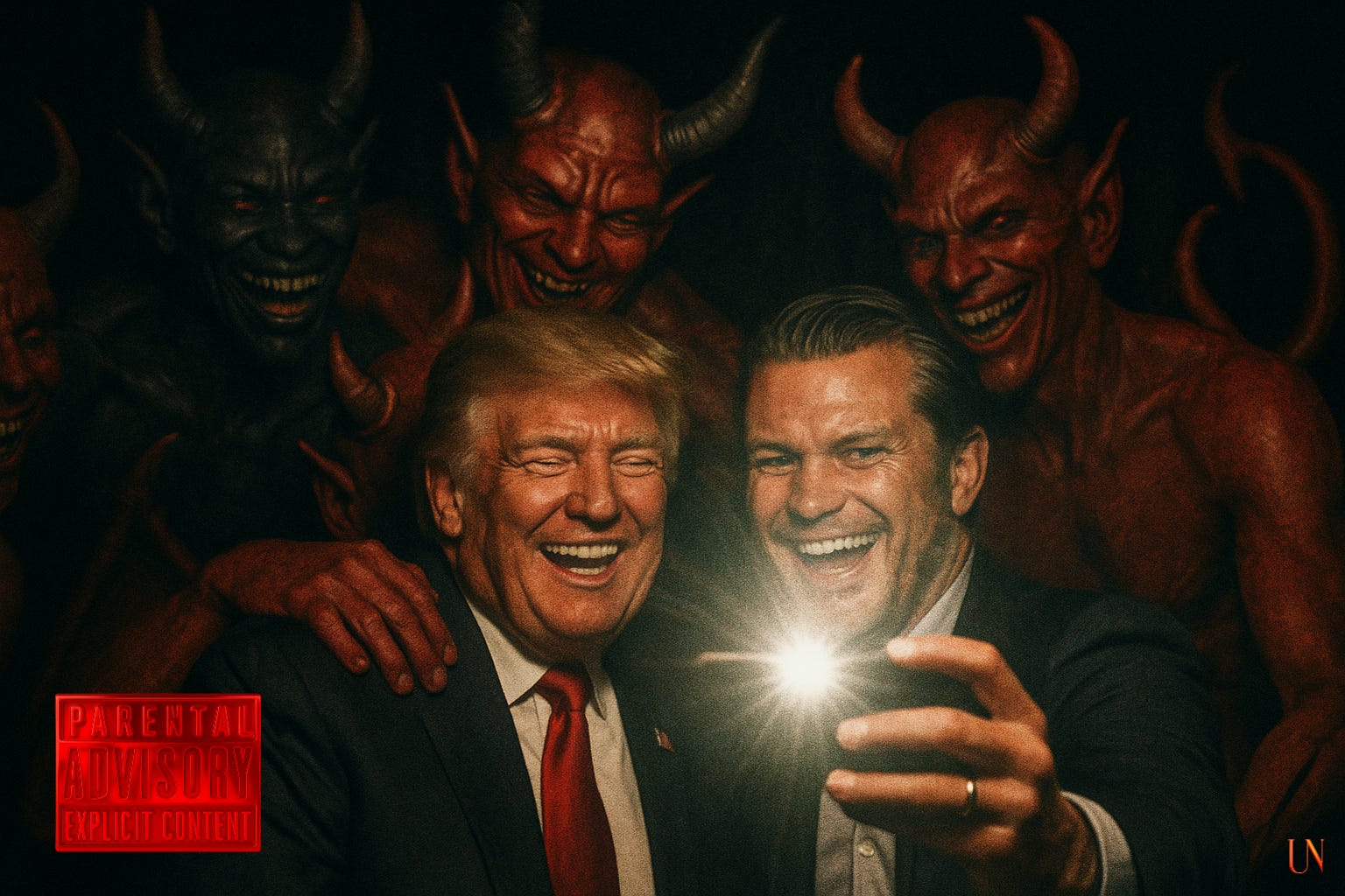 A dark, grainy illustration showing Trump and an ally taking a selfie while laughing, surrounded by devilish humanoid figures with red and black skin, horns, glowing red eyes, and sharp grins. One devil has its hand draped across Trump’s shoulder. The flash of the phone illuminates their faces against a shadowed background, casting a sinister, theatrical glow.
