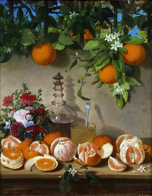 A detailed still life painting featuring oranges on a table with blossoms, peeled fruit, a glass decanter, and a bouquet.