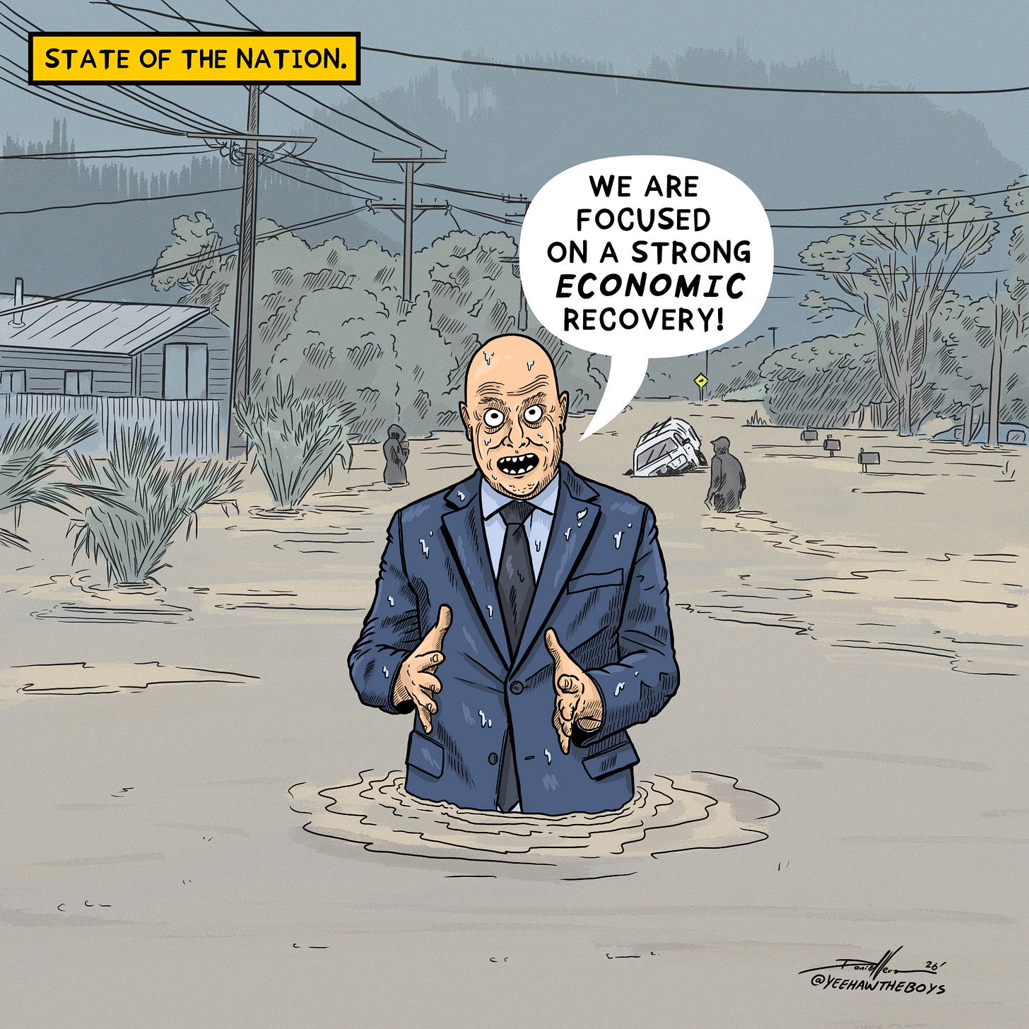 illustration by daniel vernon of chistopher luxon standing waist deep in water, raining, and text bubble saying, we 