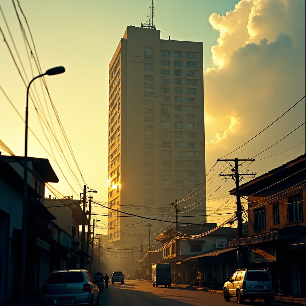 Dramatic commercial skyscraper standing tall in the heart of Kingston City, Jamaica, set against a warm, vibrant atmosphere of the Caribbean city. Cinematic lighting with deep shadows and golden hour glow,