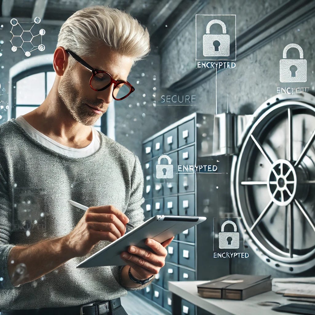 A mid-40s tax professional with platinum blonde hair and tortoise shell glasses, dressed in casual attire, is taking notes on an iPad in a modern office setting. The environment conveys a sense of security and storage, with elements like locked filing cabinets, a secure vault door in the background, and encrypted digital icons subtly integrated into the scene. The professional appears focused and confident, with the atmosphere highlighting the importance of data protection.