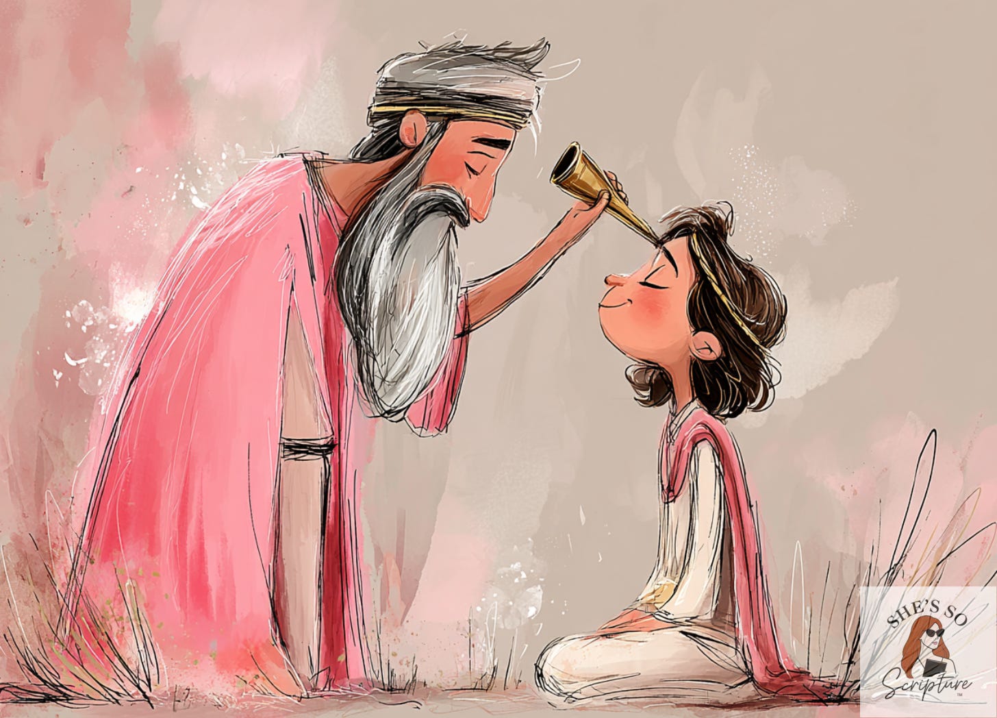 Watercolor-style illustration of Samuel anointing David with a horn of oil, symbolizing divine calling and strength.