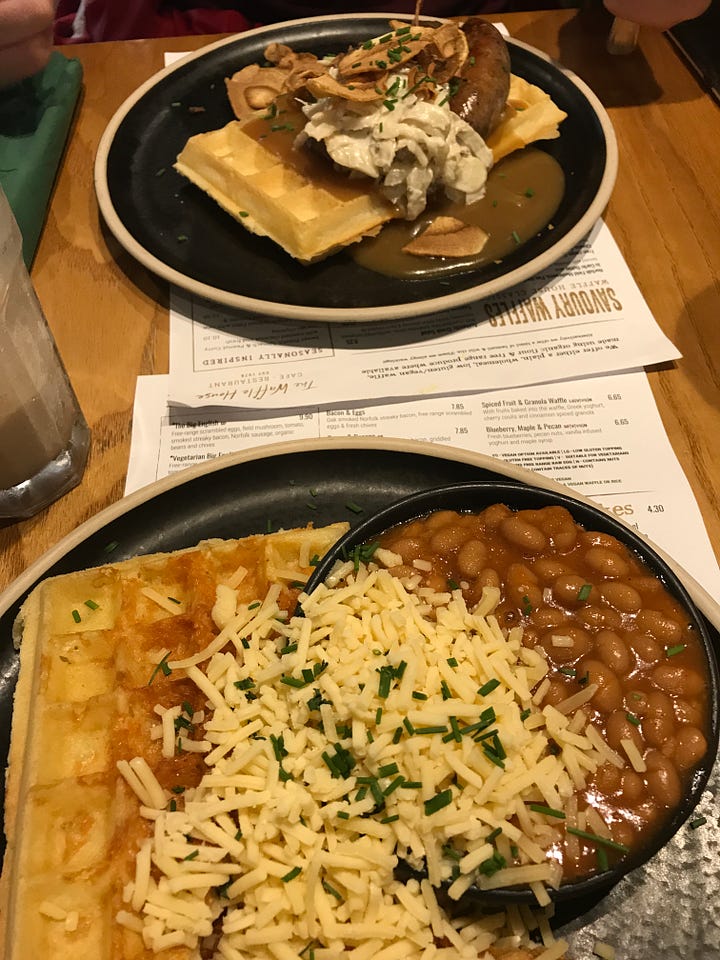 On the left, I'm smiling outside Papa Si's van with a pink skirt, purple vest, and light blue cardigan. On the right is a waffle with cheese and beans.