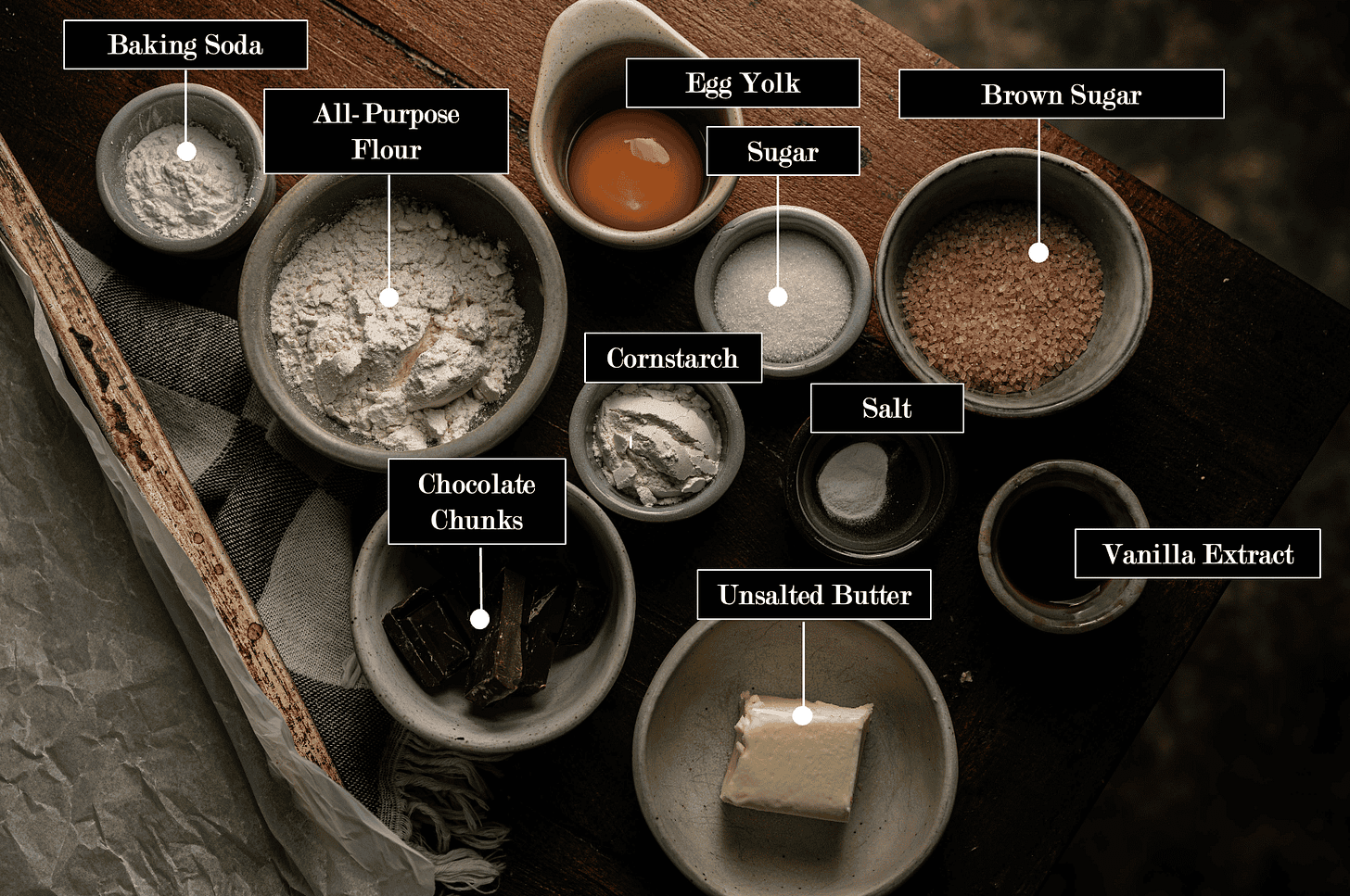Key ingredients for a small-batch chocolate chip cookie recipe, including baking soda, brown sugar, unsalted butter, and chocolate chunks, are displayed in bowls.