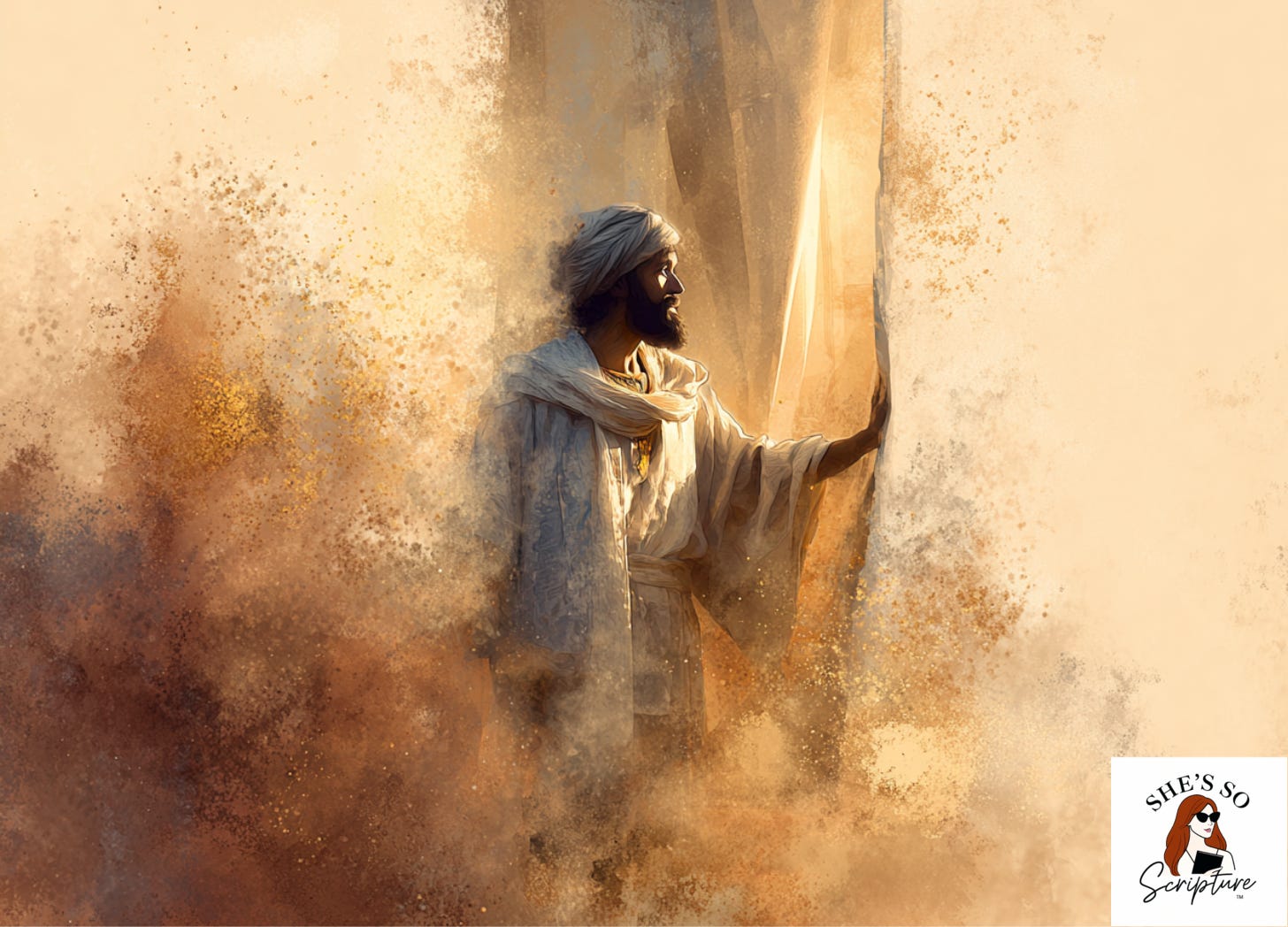 Illustration of an ancient Jewish High Priest dressed in white linen standing before a thick veil, surrounded by rising incense smoke in deep gold and plum tones, with one hand extended toward the entrance of the Holy of Holies.