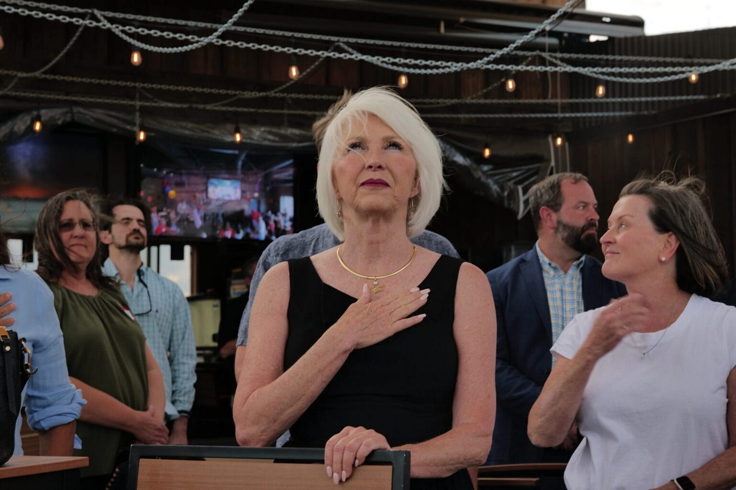 Then-Mesa County Clerk Tina Peters at her primary election watch party at the Wide Open Saloon in Sedalia on June 28, 2022. (Photo by Carl Payne for Colorado Newsline)