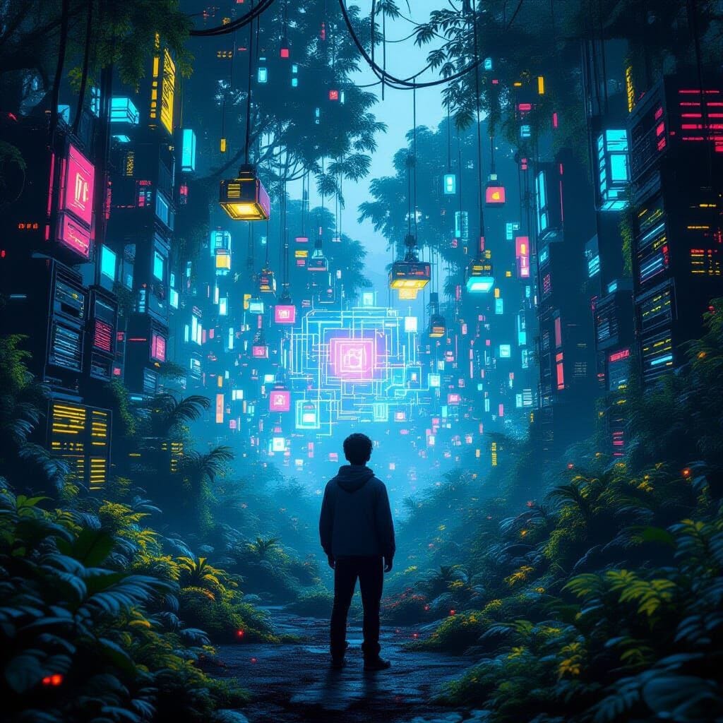 A hyper-realistic, cinematic wide shot of a young coder standing at the edge of a dense, bioluminescent digital jungle. ...