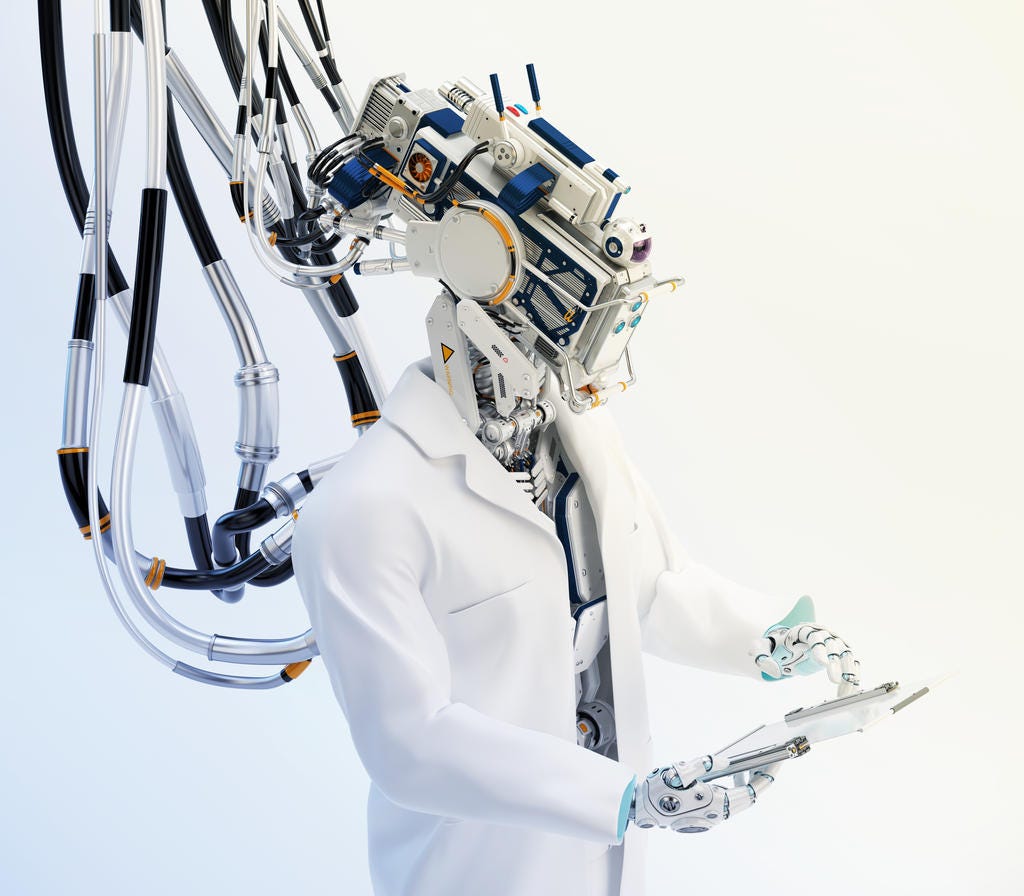 Futuristic connected robotic doctor with tablet