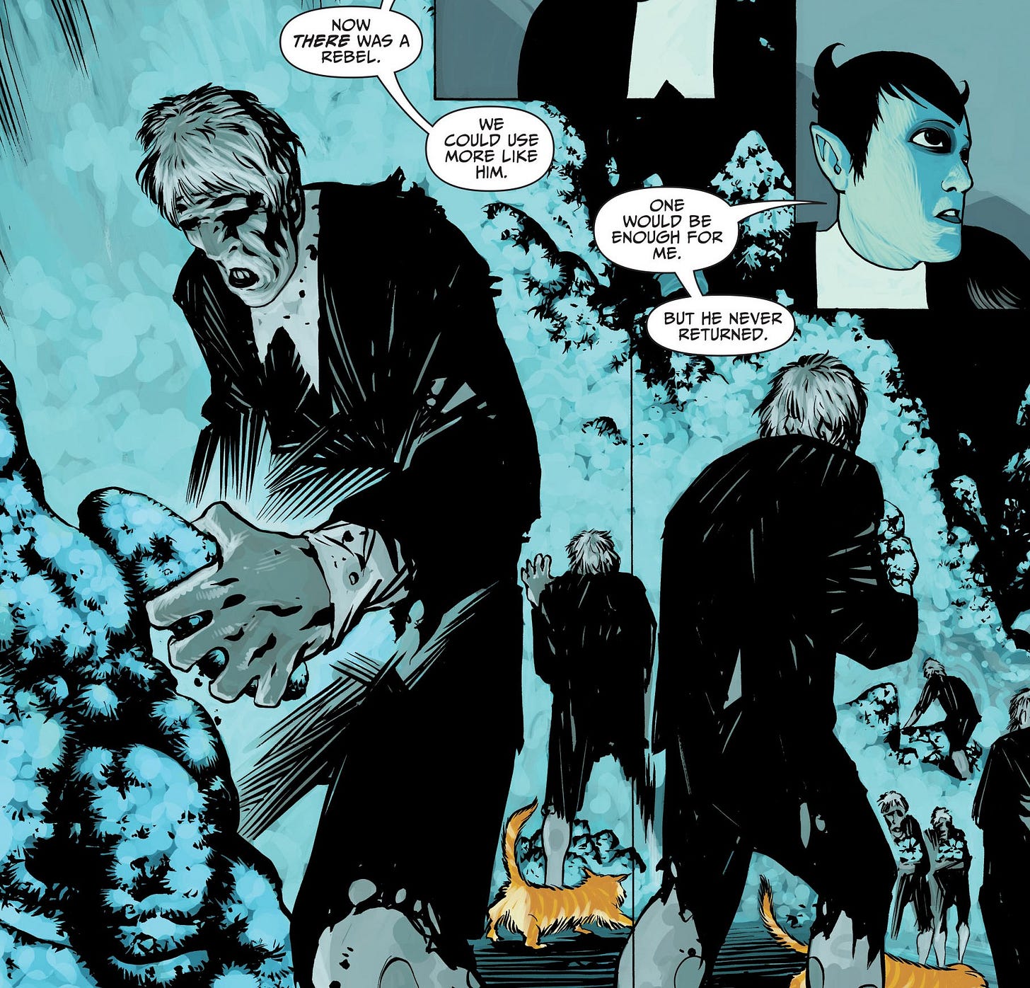 May be an illustration of text that says 'THERE WAS THEREWASA A REBEL. WE COULD USE MORE COLLDUSE MC MOK LIKE HIM. ONE WOUL BE ENOUGH FOR ME. BUT BUHNEVER HE NEVER RETURNED, 焼'