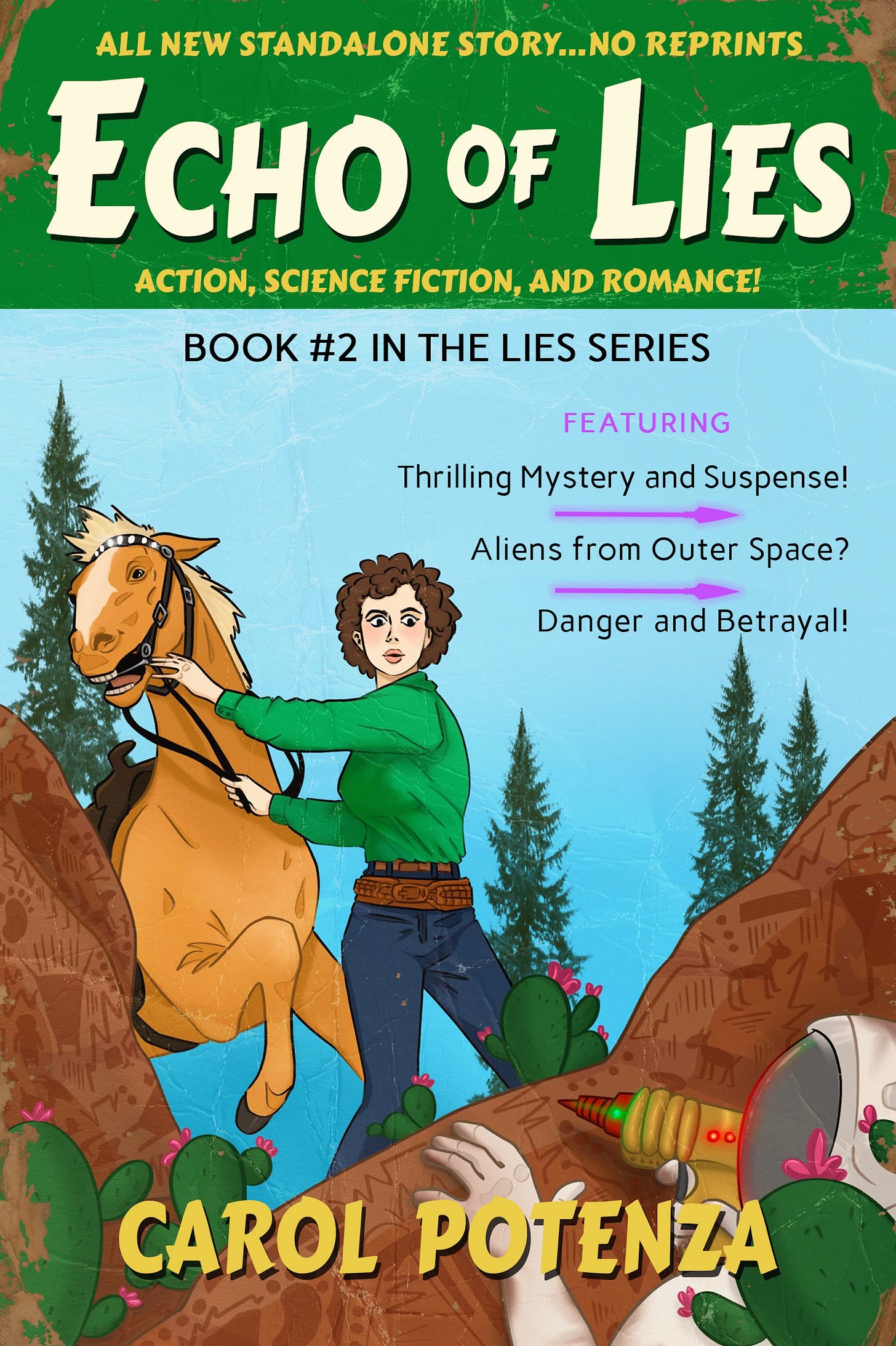 book cover for Echo of Lies with a startled young woman and a hoarse, both in comic-book style book cover for Echo of Lies with a startled young woman and a hoarse, both in comic-book style