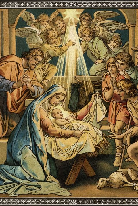 an illustrated nativity scene of angels above the holy family with jesus in a manger