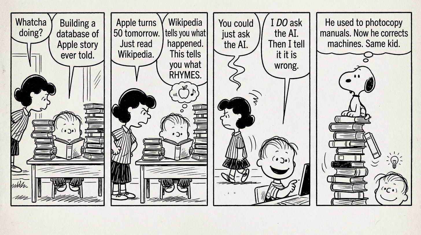 Peanuts-style comic strip: 'What are you doing?' 'Reading 29 books about Apple.' 'Just Google it.' 'That's not the same as KNOWING it.'