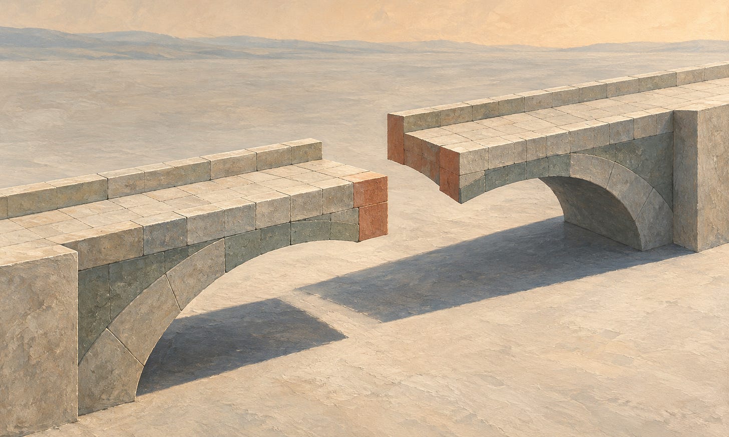 Two precisely built stone bridge halves fail to meet, illustrating how correct individual checks can still miss an unreliable result.