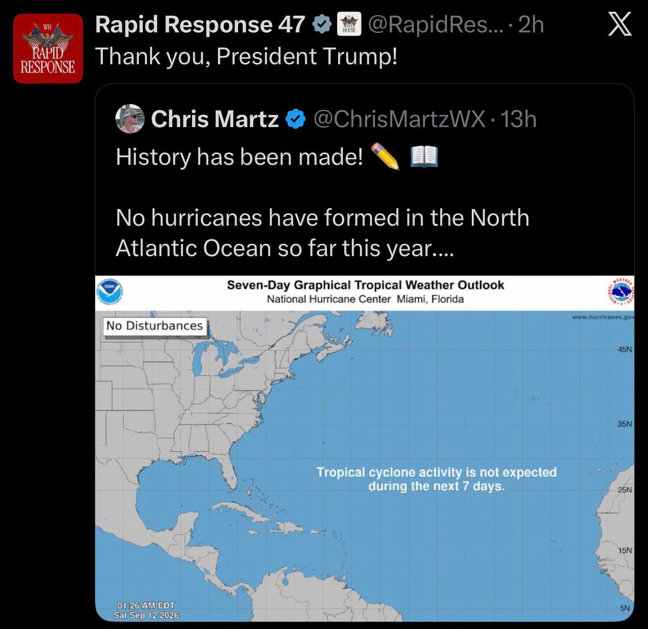RapidResponse47: Thank you President Trump! (in response to a tweet about how no hurricanes have formed in the Atlantic this year) RapidResponse47: Thank you President Trump! (in response to a tweet about how no hurricanes have formed in the Atlantic this year)