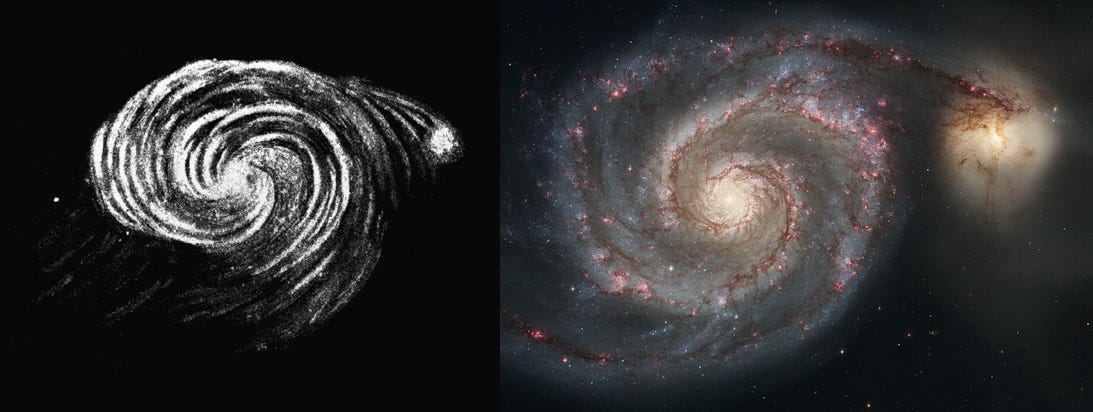 Side-by-side images show how our view of space has evolved: a historical spiral galaxy sketch on the left and a modern color photograph of the Whirlpool Galaxy on the right highlight humanity's changing image of the cosmos.